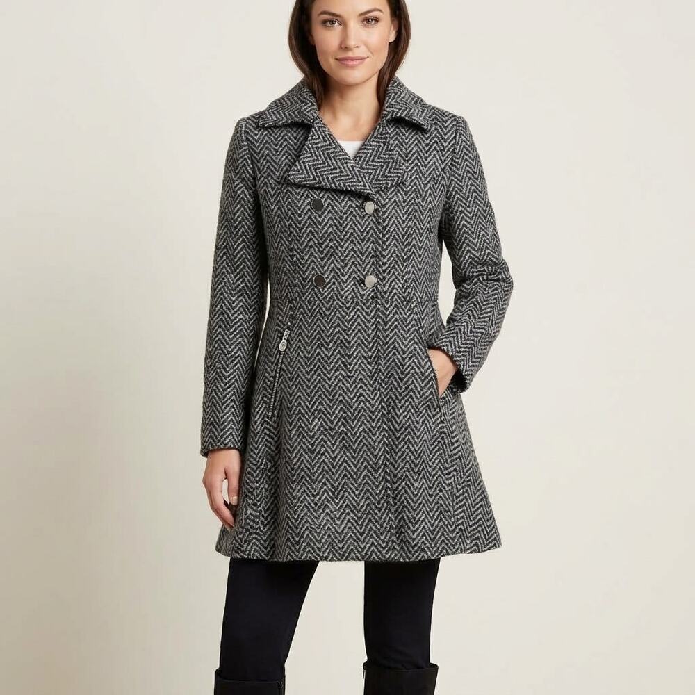 Liz Claiborne Outerwear Wool Blend Coat Large Black Gray Herringbone Edwardian